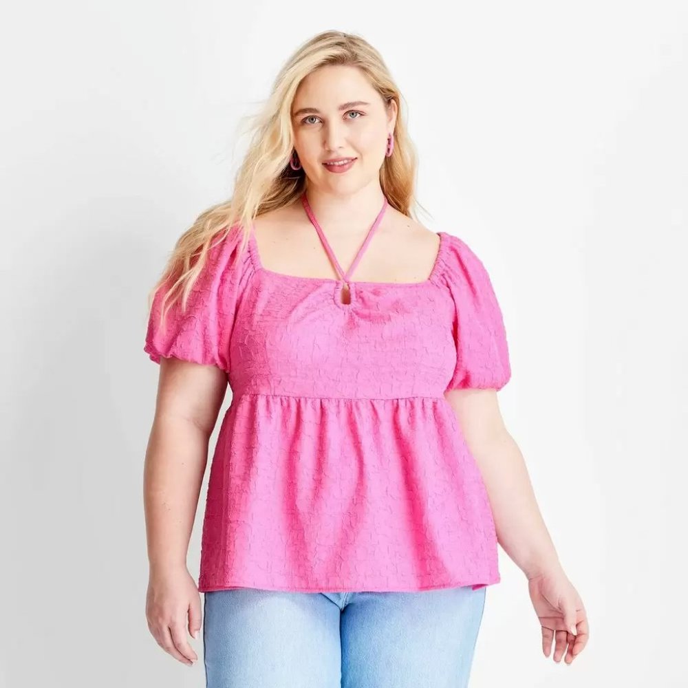 Future Collective Women's XL Pink Square Tie Neck Puffed Short Sleeve Top